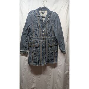 Motto Womens MED Y2K Denim Duster Jacket Long Fitted Jean Coat Utility Stretch